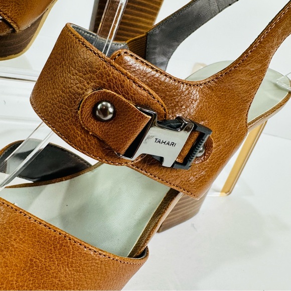 TAHARI SICILY STRAPPY CLASSY WOOD STACKED 4 1/2โ HIGH HEEL BROWN LEATHER SIZE 10 - Picture 5 of 10